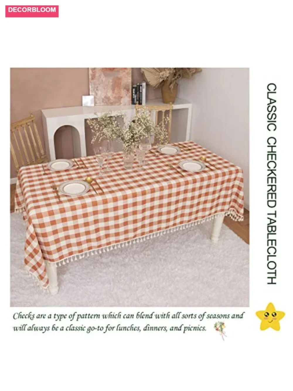 Buffalo Check Tablecloth Square 55x55 Cotton Blend Tassel Farmhouse Dining